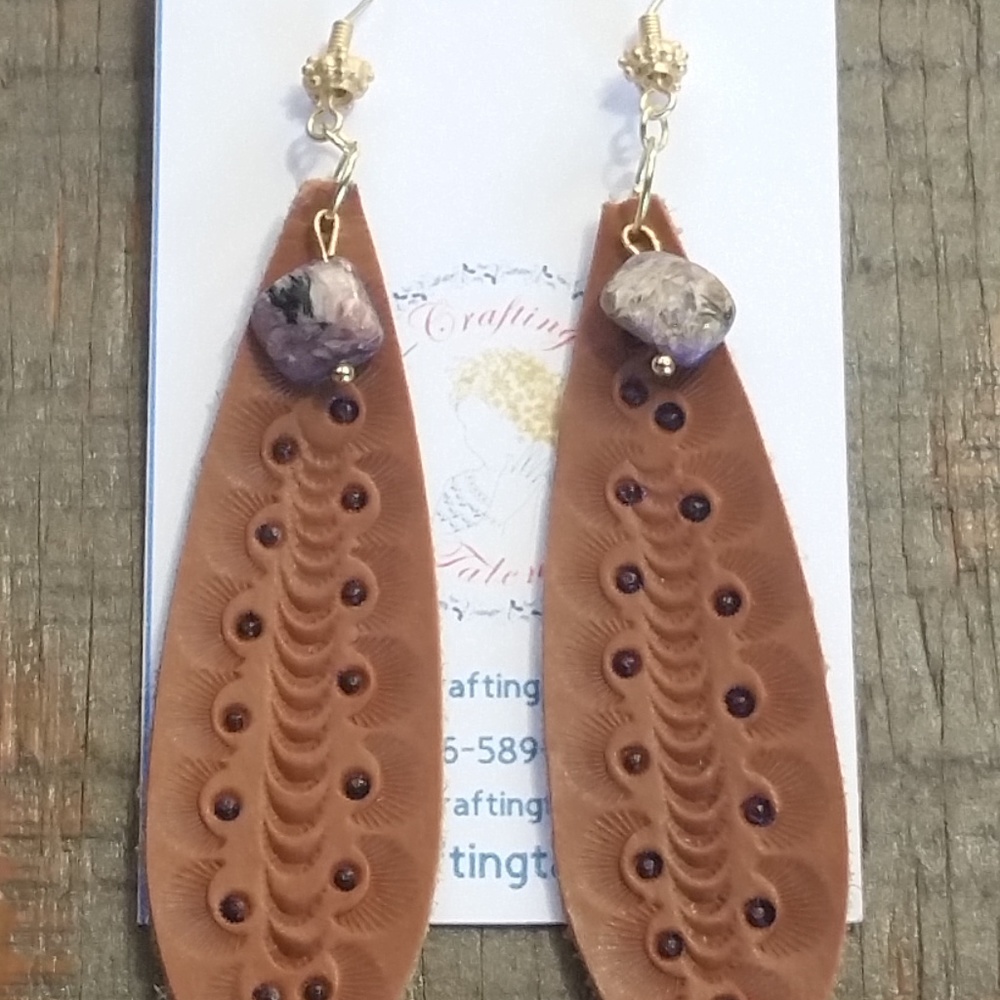 Handtooled Painted Leather earring with gemstone.